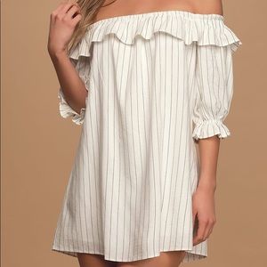 white striped off the shoulder dress from Lulus.